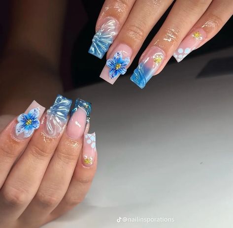 Nail Designs Flowers Blue, Blue 3d Flower Nails, 3d Nail Designs Flowers, 3d Flower Nails Acrylics, Flower Nails Blue, Nail Designs Flowers, 3d Nail Designs, Dark Blue Flowers, 3d Flower Nails