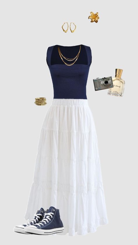 #fyp #outfitinspo #summeroutfit Navy Outfits For Women Summer, Demure Aesthetic Outfit, White Skirt Outfit Summer Aesthetic, Church Summer Outfits, Aesthetic Church Outfits, Long White Skirt Outfit Summer Aesthetic, Couqutte Summer Outfits, Casual Church Outfits, Outfit Jupe