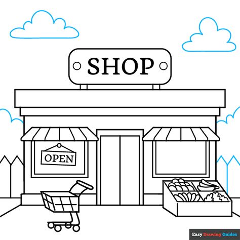 Shop step-by-step drawing tutorial: step 9 Store Drawing Easy, Grocery Store Drawing, Supermarket Drawing, Store Drawing, Easy Drawing Tutorial, Building Drawing, City Cartoon, Drawing Tutorial Easy, Drawing Easy