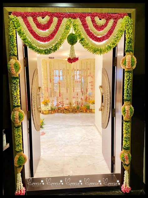 House Entrance Flower Decoration, Flower Decoration For Door Entrance, Main Door Decoration Ideas With Flowers, Door Decorations Flowers Entrance, Main Door Decoration Ideas Indian, Rakshabandhan Decoration Ideas, Entrance Door Flower Decoration Indian, Raksha Bandhan Decoration Ideas, Flower Decoration For House Warming