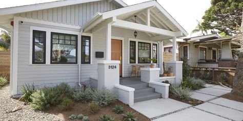 Desert Bungalow Exterior, Small Bungalow Kitchen, Beach Bungalow Exterior, 1920s Craftsman Bungalows, 1920s Craftsman, California Craftsman, Small Bungalow, California Bungalow, Galley Style Kitchen