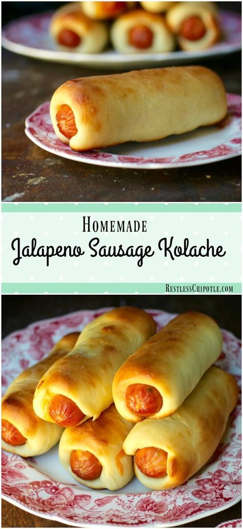 Jalapeno sausage kolaches are pillowy puffs of soft dough filled with gooey… Jalapeno Kolache Recipe, Sausage Kolache Recipe Easy, Easy Kolache Recipe, Easy Kolache Dough Recipe, Hot Dog Sausage Recipes, Kolache Bread Recipe, Kolache Recipe Sausage, Kolache Recipes, Sausage Kolache