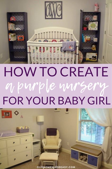 When we found out that we were pregnant, I immediately began planning the nursery. It did not matter if I had 8 months until I needed to use it! My goal was to find a balance between my idea of baby décor and my traditional home décor. #purple #babygirl #nursery #nurseryideas #nurserydecor #baby Pink And Purple Nursery Ideas, Purple Baby Girl Nursery, Purple Nursery Ideas, Eggplant Purple Nursery, Purple Flower Nursery Ideas, Purple Baby Rooms Walmart, Baby Girl Nursery Purple, Purple Nursery Name Sign, Eclectic Kids Room