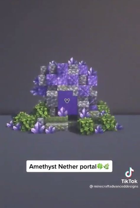 Minecraft Amethyst Enchantment Room, Minecraft Amethyst Portal, Minecraft Cottagecore Portal, Minecraft Enchanting Setup, Minecraft Building Ideas Amethyst, Minecraft Witch Ideas, Moon Themed Minecraft Builds, Cherry Blossom Portal Minecraft, Axolotl Sanctuary Minecraft