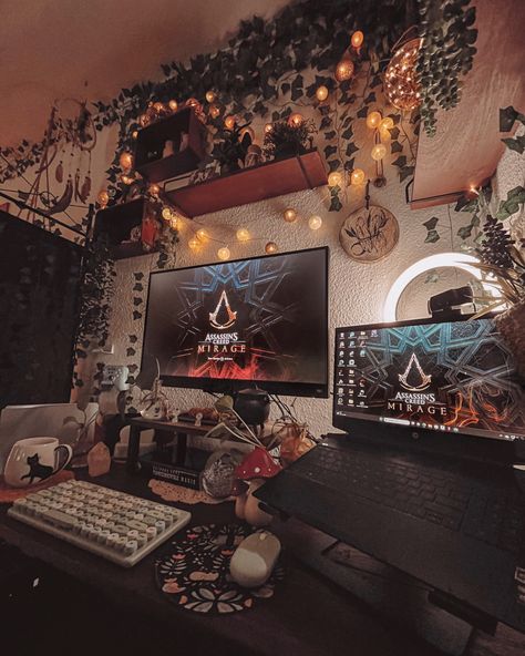 Alt Gaming Setup, Aesthetic Desk Set Up, Gothic Gaming Setup, Cozy Gamer Room, Living Room Gaming Setup, Cozy Desk, Gamer Room Decor, Pc Setups, Gaming Setups