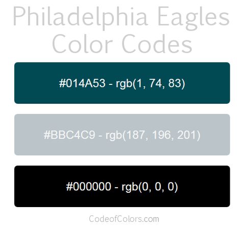 Philadelphia Eagles Team Color Codes Philadelphia Eagles Man Cave, Rgb Color Palette, Eagles Man Cave Ideas, Boys Football Bedroom, Philadelphia Eagles Colors, Eagles Football Team, Nfl Team Colors, Philadelphia Eagles Logo, Philly Eagles