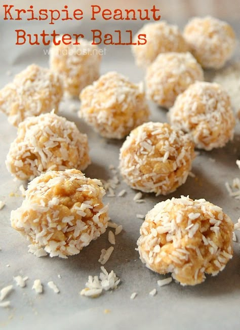 Krispie Peanut Butter Balls, Peanut Butter Rice Krispies, Peanut Butter Balls Recipe, Coconut Peanut Butter, Butter Balls, Treats Recipes, Peanut Butter Balls, Bake Dessert, Bake Desserts