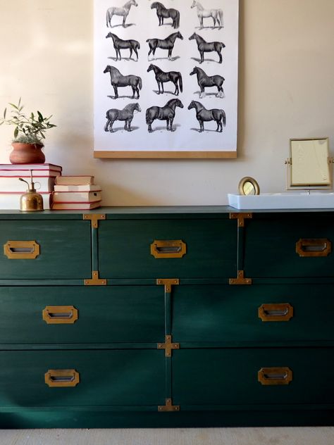 Hunter Green Dresser Diy, Campaign Dresser Bedroom, Emerald Green Dresser With Gold Hardware, Painted Campaign Dresser, Campaign Chest, Campaign Style Furniture, Black And Hreen Dresser, Campaign Dresser, Green Dresser