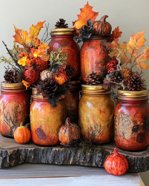 Lady paints Dollar Store mason jars. In no time, creates the best fall decor yet Store Mason Jars, Apple Potpourri, Potpourri Jars, Mason Jars Ideas, Fall Mason Jar Crafts, Mason Jar Ideas, Fall Dec, Ideas For Autumn, Leaf Candle