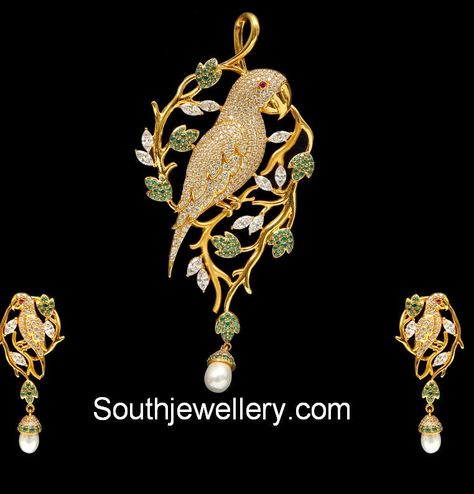 gold parrot pendant set Parrot Design, Real Gold Jewelry, Bridal Jewelry Collection, Gold Pendant Jewelry, Gold Bride Jewelry, Indian Jewelry Sets, Gold Bangles Design, Gold Jewellery Design Necklaces, Gold Jewelry Necklace