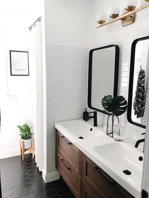 Victorian Bathrooms, Bathroom Projects, Bathroom Farmhouse, Mid Century Modern Bathroom, Simple Farmhouse, Mid Century Bathroom, Wooden Vanity, Farmhouse Modern, Modern Farmhouse Bathroom