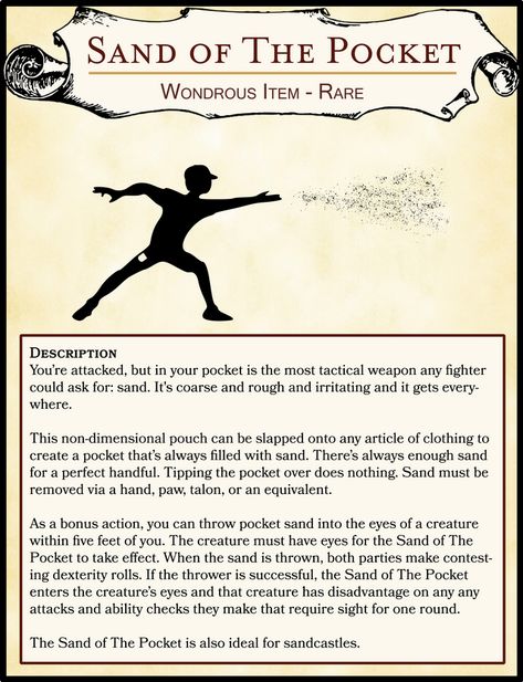 [OC] Silly Item - Sand of The Pocket : DnD Dnd Loot Ideas, Dnd Item Ideas, Dnd Things, Dnd 5e Homebrew Items Uncommon, Dnd Magic Items Homebrew Fighter, Dnd 5e Homebrew Items, Dnd Accessories, Sand Monster Dnd, Dnd 5e Uncommon Magic Items