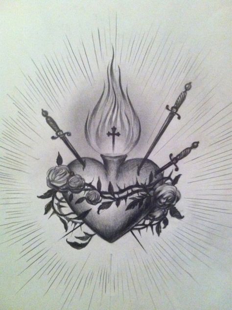 Heart With Knife Tattoo, Heart With Knife, Sacred Heart Tattoo Design, Small Traditional Tattoo, Sacred Heart Tattoo, Heart Tattoo Design, Two Swords, Sacred Heart Art, Book Sketch