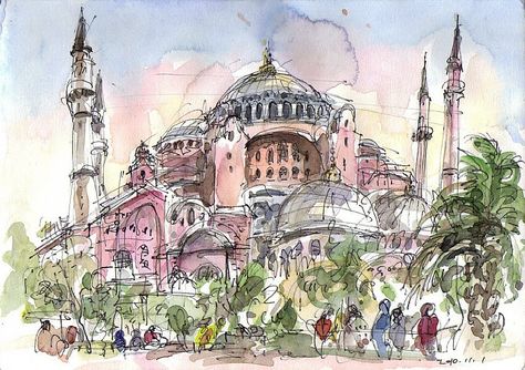 Hagia Sophia, Istanbul Voyage Sketchbook, Hagia Sophia Istanbul, Large Building, Watercolor Architecture, Urban Sketches, Urban Sketch, Travel Sketches, Architectural Sketch, Islamic Artwork