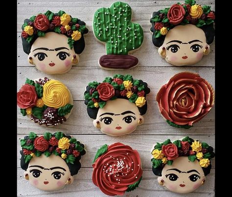 Frida Kahlo Party Decoration, Event Desserts, Frida Kahlo Birthday, Mexican Cookies, Mexican Party Theme, Star Cookies, Beautiful Cookies, Cookie Icing, Mexican Party