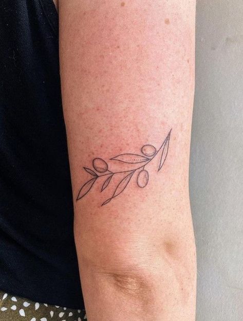 Olive Branch Tattoo Linework, Walnut Tattoo Ideas, Olive Branch Tattoo Upper Arm, Minimal Olive Branch Tattoo, Olive Branch Hand Tattoo, Olive Tree Tattoo For Women, Tattoo Back Of Elbow, Fig Branch Tattoo, Olive Vine Tattoo