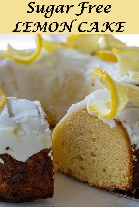 This Sugar Free lemon cake is so moist and has the perfect texture of a pound cake with a delicious glaze on top. It has a light lemony flavor from lemon extract and lemon zest and is a delicious low carb treat! Sugar Free Lemon Pound Cake, Sugar Free Lemon Desserts, Sugar Free Yellow Cake Recipe, Sugar Free Pound Cake Recipe, Lemon Pond Cake, Sugar Free Lemon Cake, Keto Lemon Pound Cake, Sugar Free Yellow Cake, Lemon Birthday Cakes