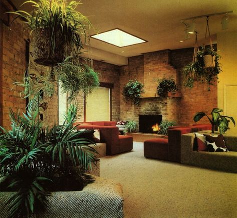 New Decorating Book, 1981 Retro Style Living Room, 70s Interior Design, 80s Interior Design, Retro Rooms, 80s Home, Lots Of Plants, 80s Interior, 70s Interior, Retro Interior Design