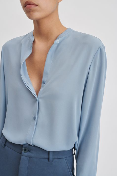 Blue Blouse Outfit, Shirts For Women Stylish, Long Sleeve Summer Shirts, Women Work Blouse, Minimalist Top, Light Blue Blouse, Shirt Blouses Women's, Octagon Shape, Trik Fotografi