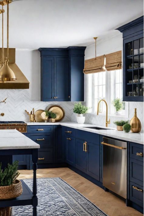 Bold farmhouse kitchen design with navy and white cabinets Kitchen With Blue Lower Cabinets, Kitchen Remodel Navy Cabinets, Navy Blue Cabinets With Gold Hardware, Navy Lower Kitchen Cabinets, Kitchen With Navy Blue Cabinets, Deep Blue Cabinets Kitchen, Farmhouse Kitchen Blue Cabinets, Dark Navy Blue Kitchen, Navy And White Kitchen Cabinets