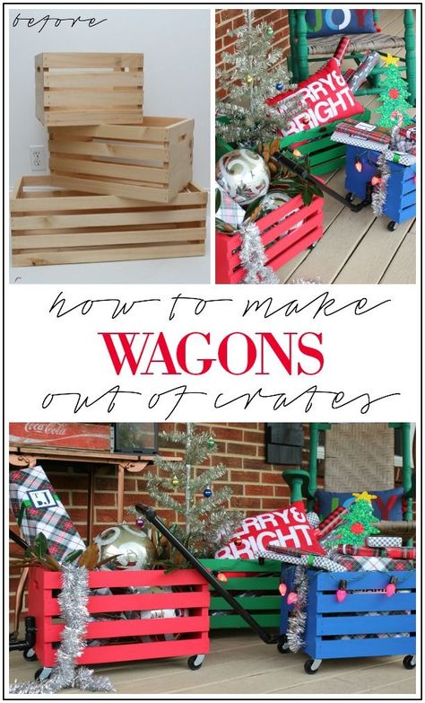 How to Make Wagons Out of Crates - Easy DIY project that kids will love to play with! Also works great to hold gifts during the holidays - doubles as holiday decor! Diy Kids Decor, Kids Wagon, Crate Diy, Trendy Diy, Best Diy, Diy Holiday Decor, Wooden Crates, Décor Diy, Easy Diy Crafts