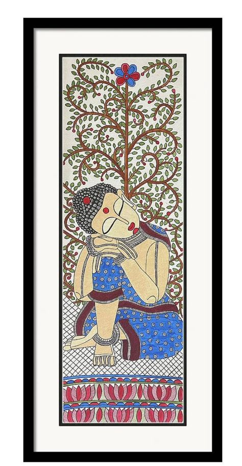 Madhubani Border, Painting Madhubani, Folk Art Home Decor, Buddha Canvas Art, Buddha Canvas, Buddha Art Drawing, Buddha Art Painting, Art Indian, Diy Glass Bottle Crafts