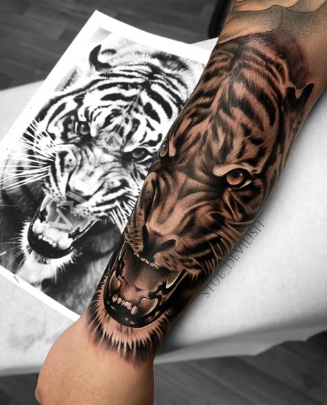 Tiger Tattoo For Men Leg, Animal Tattoo Designs For Men, Angry Tiger Tattoo, Tiger Tattoo Forearm, Arm Tattoos Tiger, Geometric Tiger Tattoo, Tiger Forearm Tattoo, Mens Tiger Tattoo, Tiger Face Tattoo