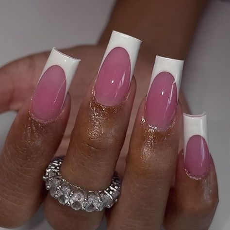 KNEIAMYA ✨ ACRYLIC NAILS AND TOES ✨ (@nailed.by.myaa) • Instagram photos and videos Classic White Tip Nails, White Pink French Nails, Pink Acrylic With White French Tip, French Tip Nails Dark Pink, Pink Acrylic With White Tip, Pink And White French Tip Acrylic Nails, White French Tips With Pink Base, Unique French Tips Almond, Pink And White French Acrylic Nails