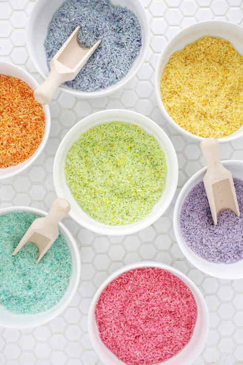 Toddler Sensory Bins, Rainbow Rice, Sensory Activities Toddlers, Montessori Toddler Activities, Colored Rice, Sensory Boxes, A Beautiful Mess, Sensory Table, Toddler Learning Activities