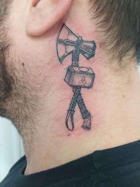 Mjölnir and Stormbreaker Tattoo Mjolnir And Stormbreaker Tattoo, Mjolnir Tattoo Marvel, Thor Stormbreaker Tattoo, Stormbreaker Tattoo, Mjolnir Tattoo Design, Small Marvel Tattoo Ideas, Thor Hammer Tattoo, Mjolnir Tattoo, Thor Tattoo