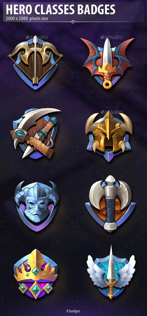 Hero Classes Badges by a-ravlik | GraphicRiver Dnd Class Emblems, Game Icons, Game Badge Design, Royal Emblem Design, Sheild Hero Characters, Game Badges Design, Achievement Badge Design, Game Emblems, Gaming Badges