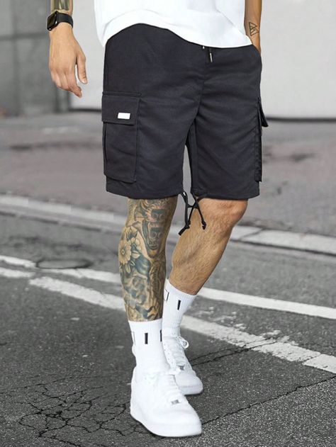 Black Street Collar  Fabric Plain Straight Leg Embellished Non-Stretch  Men Clothing Mens Long Shorts Outfits, Mens Cargo Shorts Outfit, Cargo Shorts Men Outfits, Mens Layering Outfits, Levi Jeans Outfit, Cargo Shorts Outfit, Mens Linen Outfits, Mens Long Shorts, Long Sleeve Shirt Outfits