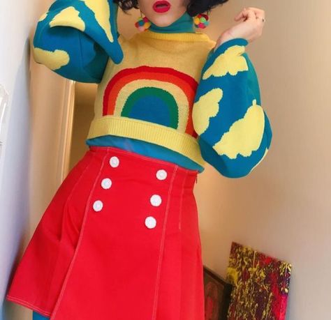 Kidcore Skirt Outfit, Casual Kidcore Outfits, Pink Yellow Blue Outfit, Clown Core Outfit Ideas, Dreamcore Outfit Aesthetic, Cute Clown Outfit Aesthetic, Cute Colorful Clothes, Clown Core Aesthetic Outfits, Primary Outfits