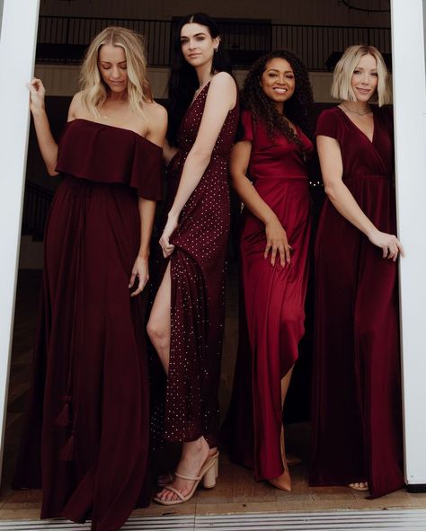 Deep Red Velvet Bridesmaid Dress, Dark Berry Bridesmaid Dresses, Shades Of Burgundy Bridesmaid Dresses, Winter Bridal Party, Mulberry Wedding Color Scheme, Merlot Bridesmaid Dresses, Berry Bridesmaid Dresses, Wine Color Bridesmaid Dress, Mulberry Bridesmaid Dresses