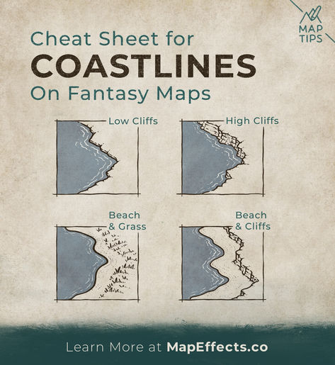 Fantasy Map Coastline Cheat Sheet Places To Add To Your Fantasy Map, Fantasy Map Locations, Fanticy Map, Cartography Art Fantasy Map, Fantasy Map Website, How To Create A Fantasy Map, Dnd Fantasy Map, Making Fantasy Maps, Tourism Project Ideas