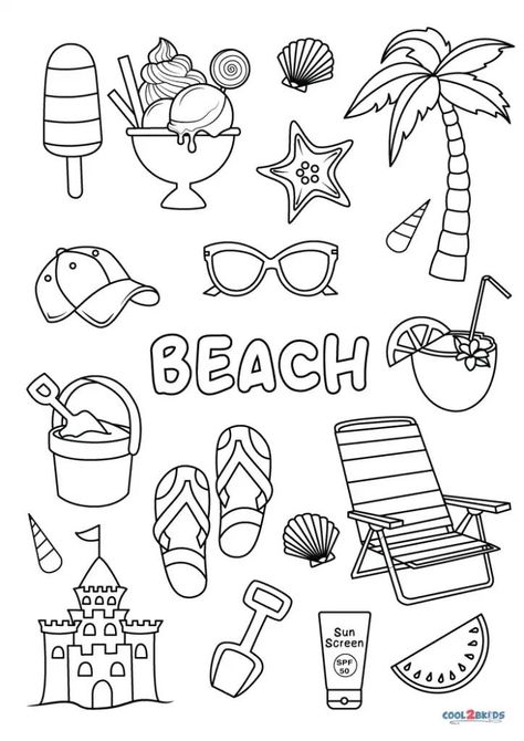 Summer Beach Coloring Pages, Beach Coloring Pages Free Printable, Beach Coloring Pages For Adults, Beach Line Drawing, Beach Coloring Sheets, Phomemo Printables, Summer Drawings Easy, Beach Coloring Pages For Kids, Summer Coloring Pages Free Printable