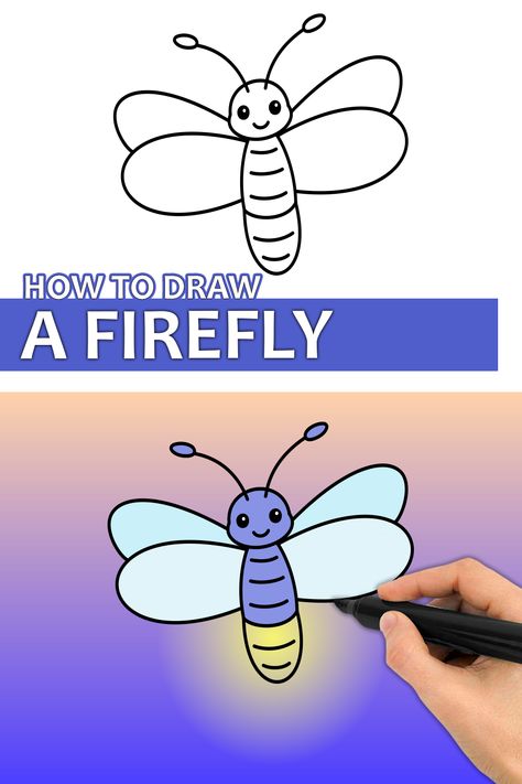 Learn how to draw a Firefly with this step by step drawing tutorial video. Enjoy! ♥ #firefly #fireflydrawing #fireflyart #howtodraw #easydrawingforkids #easydrawing #drawingtutorial Firefly Handprint Art, Lighting Bug Drawing, How To Draw A Firefly, Lightning Bug Drawing, Firefly Drawing, Draw Insects, How To Draw Insects, Camping Preschool, Lighting Bugs