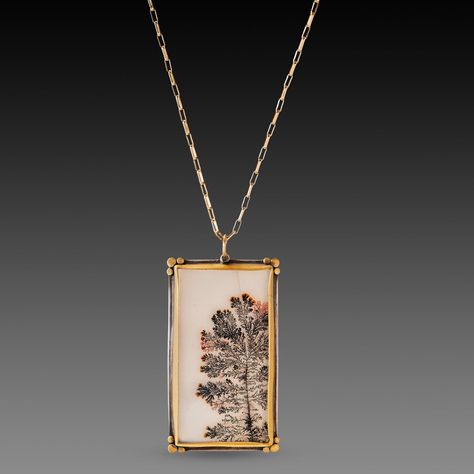 A very special dendritic agate evokes a mysterious and lovely scene in nature. The stone is wrapped in 22k gold, and accented with four 22k gold trios. This magical pendant is backed in sterling silver, and suspended from a 14k gold paperclip chain. Pendant measures approximately 1 inch x 1 5/8 inches. Matte finish. Dendritic Agate Jewelry, Fae Dress, Magical Pendant, Gem Pendant, Gemstone Necklaces, Painted Jewelry, Hand Painted Jewelry, Dendritic Agate, Gold Ring Stack