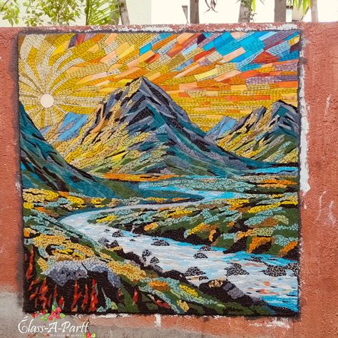 Serene Symphony Installed at a garden of a Spanish themed villa under renovation 🧱🧱 6/6 ft Check out this amazing landscape mosaic mural! Each tile is a tiny piece of nature, coming together to create a beautiful scene. 🎨🖌️ From colorful sunsets to peaceful mountains, this outdoor mural captures the beauty of the nature in detail. It’s a true work of art, made with lots of patience and creativity 🌿🏞️ Take a moment to admire the details and feel the calmness of nature through this incred... Peaceful Mountains, Sunset Mosaic Art, Mosaic Mountain Scenes, Mountain Tile Mosaic, Mosaic Sunset, Mosaic Forest Scene, Outdoor Mural, Colorful Sunsets, Landscape Mosaic