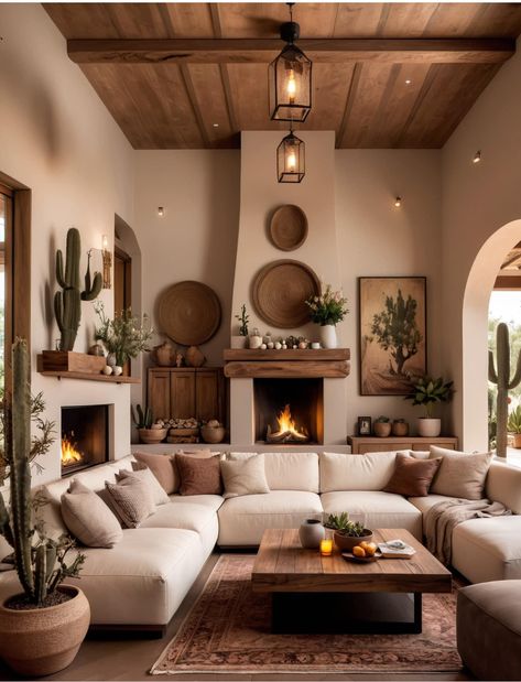 Living Room Spanish Modern, Neutral Spanish Style Home, Mexican Aesthetic Living Room, Spanish Apartment Decor, Spanish Themed House, Spanish Style Fireplace Living Room, Living Room Spanish Style, Spanish Style Living Room Decor, Spanish Style Homes Interior Living Rooms