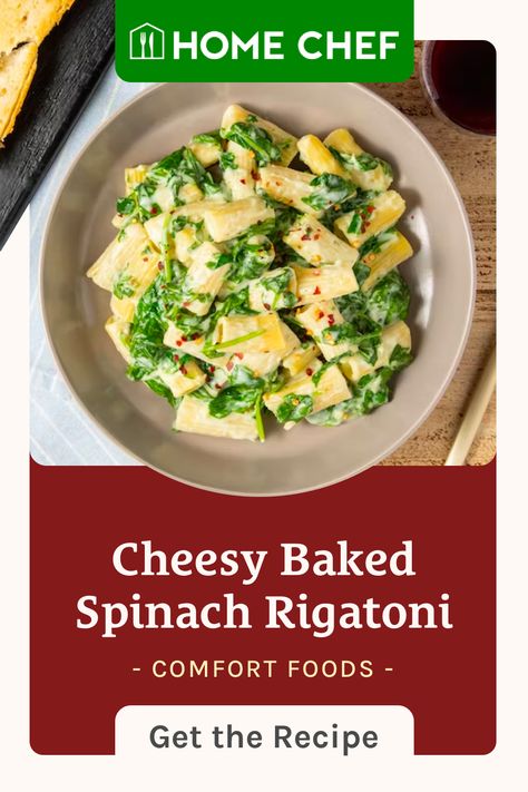 Spinach Rigatoni, Baked Spinach, Cheese Pasta Recipes, Make Garlic Bread, Impossible Burger, Cooked Meal, Strip Steak, Easy Cheesy, Cheese Pasta