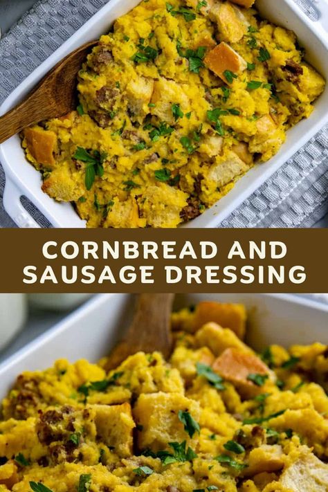 Southern Cornbread Sausage Dressing is perfect for the holidays! Made with cornbread and French bread (to soak up all the amazing flavors), ground sausage with (or without) sage, broth, and seasonings. Prep-ahead and make ahead friendly! It’s seriously has the best texture and flavor! Made with cornbread for that classic crumbly texture and French bread to soak up all the amazing flavors! Sausage Stuffed Cornbread Loaf, Cornbread Sausage Dressing, Sausage Cornbread Dressing, Sausage Cornbread Dressing Recipes, Cornbread Dressing With Sausage And Apples, Cornbread Sausage Apple Dressing, Cornbread Dressing With Sausage, Thanksgiving Meal Plan, Sausage Cornbread Stuffing