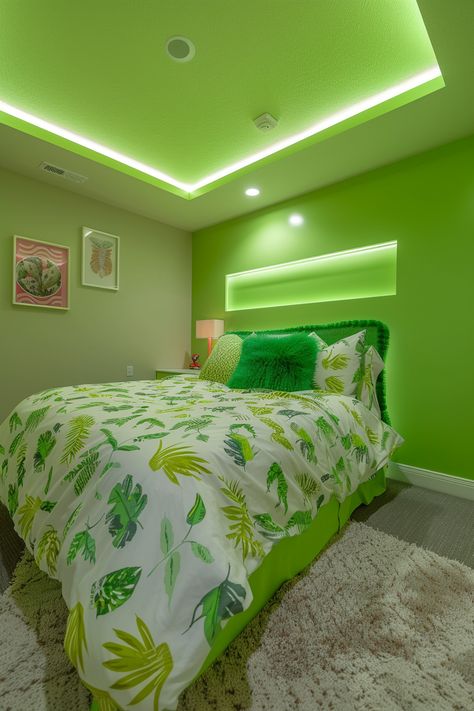 64 Green Bedroom Ideas for Aesthetic and Cozy Home – CreativeBooster Lime Green Room Ideas Bedroom, Neon Green Bedroom, Neon Green Room, Lime Green Bedroom Ideas, Bright Green Bedroom, Neon Green Wall, Lime Green Bedroom, Lime Green Rooms, Green Room Ideas Bedroom