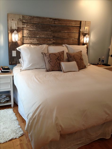 The headboard my husband made me out of reclaimed barn lumber and candle lanterns. Love it!! Make Your Own Headboard, Head Boards, Decor Ikea, Diy Headboard, Couple Bedroom, Farmhouse Bedroom Decor, Remodel Bedroom, Rustic Bedroom, My New Room