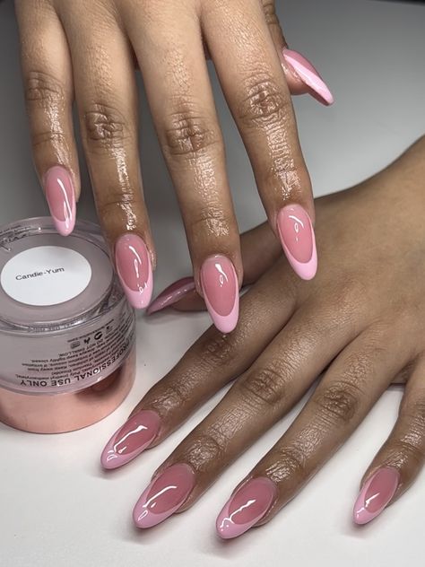 Jelly Pink French Nails, Pink Base Pink French Tip, Almond French Tip Nails Pink Base, Pink Colored French Tip Nails, Dark Pink French Tip Nails Almond, Pink French Tip Nails With Pink Base, Pink Reverse French Nails, Deep Pink French Tip Nails, All Pink French Tip Nails