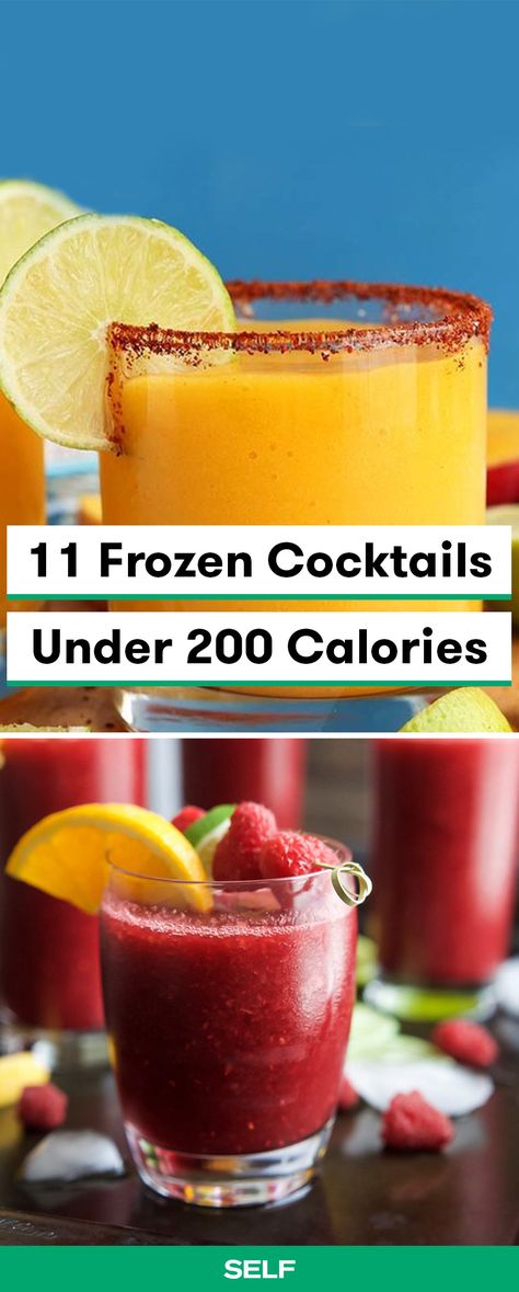 When warmer weather rolls around, frozen cocktails are the best. The thing is, piña coladas, margaritas, and most other frozen drinks kind of double as dessert. So, having some lower-alcohol, lower-sugar cocktail recipes can be really handy. These 11 recipes include all the classic frozen cocktails you'll crave during the summer, but none of them are over 200 calories per suggested serving size. #frozencocktails #summerdrinks #lowsugarcocktails Low Carb Frozen Cocktails, Blendjet Cocktail Recipe, Summer Frozen Drinks Alcohol, Frozen Cocktails Recipes, Blended Cocktails, Frozen Daquiri Recipe, Frozen Alcoholic Drinks, Blended Drinks Alcohol, Frozen Summer Drinks