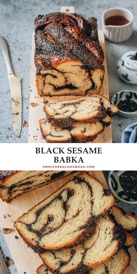 This Black Sesame Babka is an indulgent holiday treat with an unexpected twist. It has a rich and nutty dark chocolate filling braided into layers of fluffy, cakey dough. It’s not super sweet, but the gooey texture and irresistible flavor will hook you right away. {Vegetarian} Butter Bread Recipe, Babka Recipe, Chocolate Babka, Breads & Buns, Cloud Bread, Easy Chinese Recipes, Pastry And Bakery, Easy Bread Recipes, Best Breakfast Recipes