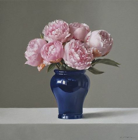 Peonies in Blue Vase by Lucy McKie ROI at Lime Tree Gallery in Suffolk & Bristol, England Vase Of Peonies, Peony Arrangement Vase, Peony In Vase, Blue Vase With Flowers, Peonies Vase, Flowers In Blue Vase, Peonies In Vase, Peonies In A Vase, Peony Vase