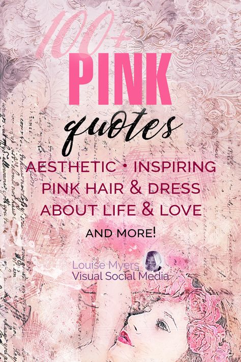 feminine pink background with woman's face has text saying 100 pink quotes, inspiring, aesthetic, pink hair and dresses. Quotes For Pink Color, Captions About Pink Color, The Color Pink Quotes, Pink Top Captions, Ig Captions For Pink Outfit, Pink Color Quotes For Instagram, Insta Captions For Pink Outfit, Quotes On Pink Colour, Pink Hair Captions