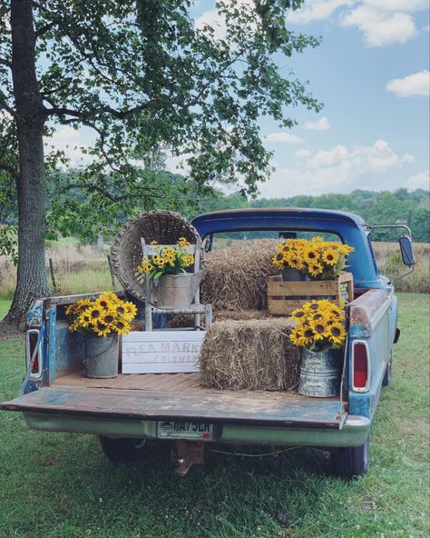 Sunflower Stand Photoshoot, Old Truck Fall Pictures, Easter Truck Photoshoot, Simple Fall Backdrops For Pictures, Small Town Fall Festival, Farm Photobooth, Country Photobooth, Fall Truck Mini Session, Fall Mini Sessions Set Up